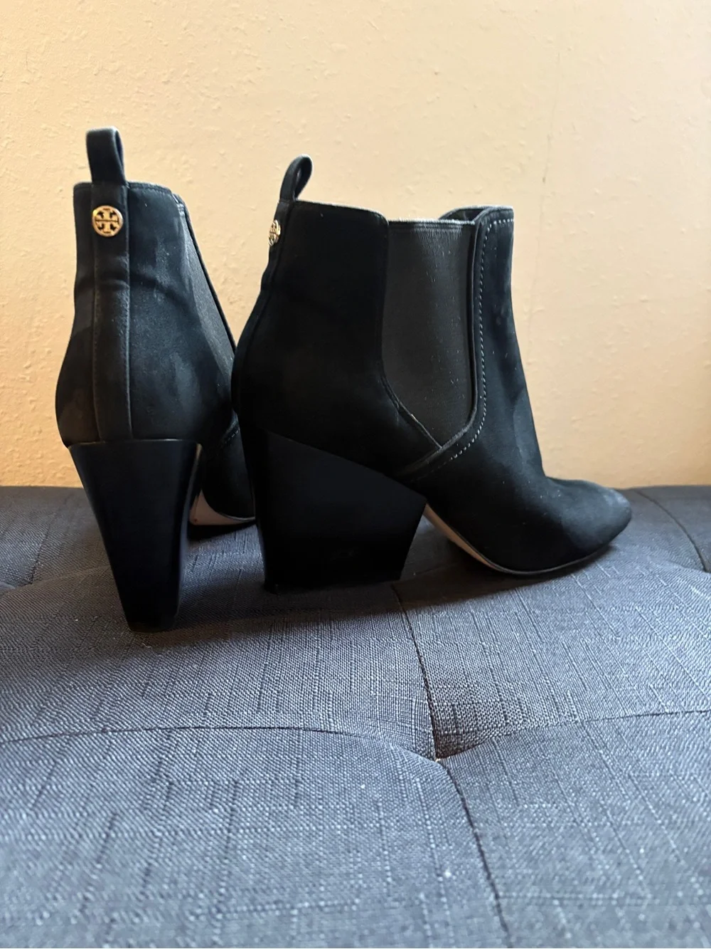 Tory Burch Black Suede Peep-Toe Block Heel Booties
